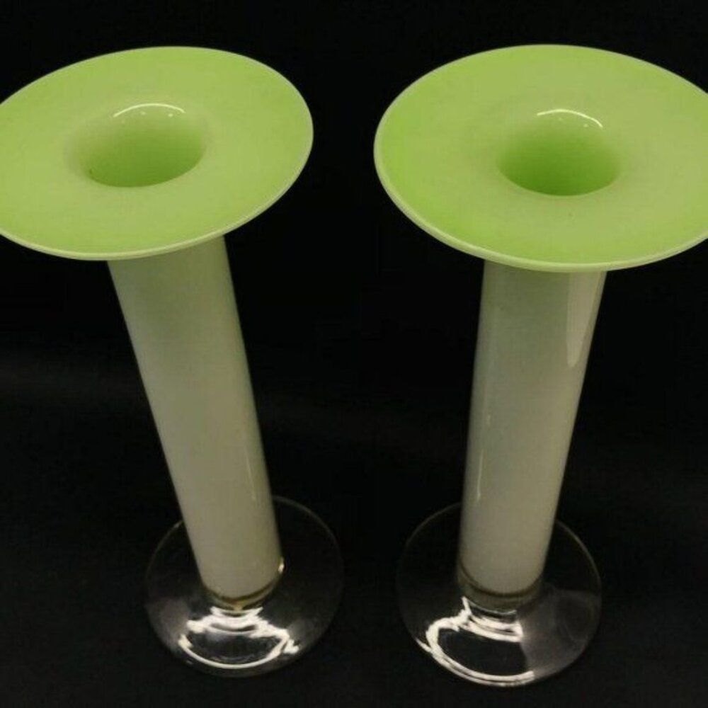 Vintage Gorgeous Designs White Green Glass Candle Holders 10" Tall Set of 2
